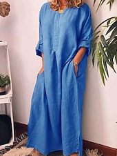 abordables Robes-Femmes Robe Longue Maxi Robe Robes inspirées du lin Robe Décontractée Robe en coton et lin Élégant Occasionnel Vacances Quotidien Date Coupe régulière Uni manche longue Col ras du cou Blanche Jaune