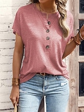 ieftine tricou simplu-Pentru femei Tricou Simplu Modă Modern Casual Manșon scurt În V Topuri obișnuite Zilnic Sfârșit de săptămână Peteci Nasturi Roz Îmbujorat Albastru piscină Maro Trifoi Vară Primăvară