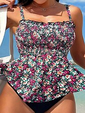 cheap Tankinis-Women&#039;s Swimwear 2 Piece Cheeky Swimsuit Backless Tummy Control High Waist Slim Vacation Beach Wear Floral U Neck Sleeveless Bathing Suits
