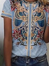 billige Boho t-skjorte-Dame T skjorte Grafisk Årgang Elegant Årgang Mote Kortermet Rund hals Vanlige topper Daglig Ut på byen Helg Trykt mønster Dusty Blue Sommer