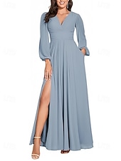 baratos Vestidos para Madrinhas-Linha A Vestido de Madrinha Decote V Manga Longa Elegante Longo Chiffon com Fenda Frontal / Franzido 2022