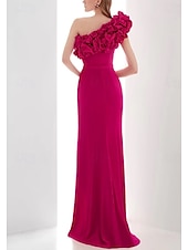 abordables Robes de Soirée-Robe de Soirée A-Line Rose Rouge Élégante Robe Formelle Mariage Longue au Sol Sans Manches Une Épaule Capes Crêpe Élastique avec Fleur sur l&#039;Épaule