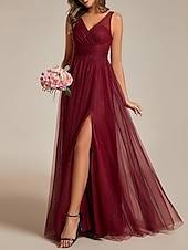 baratos Vestidos para Madrinhas-vestido de dama de honra em corte A, decote em V, sem mangas, elegante, longo, tule, com fenda frontal / franzido 2025