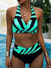 cheap Bikini Sets-Women&#039;s Swimwear Bikini 2 Piece Cheeky Swimsuit Backless Slim Vacation Beach Wear Stripe Halter Neck Sleeveless Bathing Suits