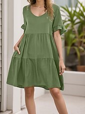 cheap White Graduation Dresses-Women&#039;s Mini Dress T Shirt Dress Tee Dress Shift Dress Ruffle Dress Casual Vacation Street Casual Regular Fit Graphic Short Sleeve V Neck Black White Light Green Wine Summer