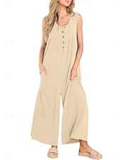 preiswerte lässige Overalls-Damen Normal Jumpsuit Aktiv Feste Farbe Ärmellos U-Ausschnitt Knopf Tasche Urlaub Täglich Regular Fit Schwarz Marineblau Blau Sommer
