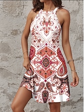 tanie Sukienki boho-Damskie Sukienka mini Codzienne sukienki Codzienny Codzienny Regularny W Tureckie Wzory Bez rękawów Półgolf Czerwony Lato