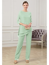 abordables Combinaisons pour maman-Combinaison  Tailleur Mère de la Mariée Élégant Col Bijou Longueur Sol Chiffon Manches Mi-Longues avec Ruching taille personnalisée gratuite