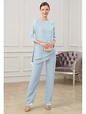 abordables Combinaisons pour maman-Combinaison  Tailleur Mère de la Mariée Élégant Col Bijou Longueur Sol Chiffon Manches Mi-Longues avec Ruching taille personnalisée gratuite