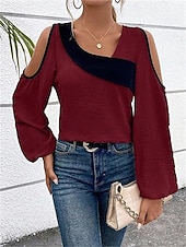 preiswerte Damen Einfache Oberteile-Damen Hemd Bluse Farbblock Elegant Täglich Stilvoll Langarm Laternenärmel U-Ausschnitt Normale Oberteile Arbeit Täglich Festtage Patchwork Wein Blau Beige Frühling Herbst