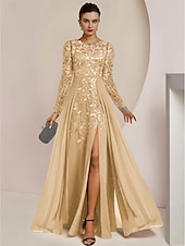 abordables Longueur du plancher-Robe de mère de la mariée A-Line pour invitée de mariage élégante col bijou longueur de sol en chiffon dentelle sequins à manches longues avec plissage avant couleur unie taille personnalisée gratuite