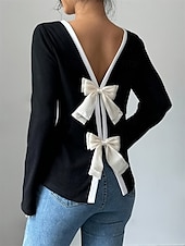 cheap Women&#039;s Work Tops-Women&#039;s Blouse Solid Color Stylish Casual Long Sleeve Crew Neck Regular Tops Daily Holiday Going out Backless Black Spring Fall Winter