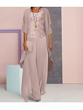 tanie Garnitury dla mamy-Suknia ślubna na plaży Jumpsuit  Garnitur 3 Elementy matki panny młodej Formalny Gość Weselny Elegancka Duża Okrągły Dekolt Długość Podłogi Chiffon Koronka Bez Rękawów z Aplikacjami 2025 darmowy