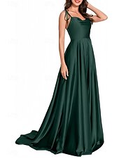 baratos Vestidos para Madrinhas-vestido de dama de honra linha A, alças finas, sem mangas, elegante, cauda curta, charmeuse, com frente aberta / franzido 2025