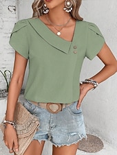 abordables Blusas Sencillas-Mujer Camisa de verano Camisa casual Blusa Botones Color sólido Elegante Casual Manga Corta Escote en Pico Tops regulares Diario Playa Festivos Negro Rojo Azul Marino Verde Trébol Albaricoque Verano