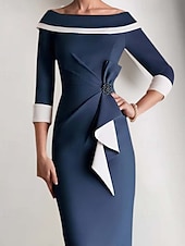 cheap Tea Length-Sheath / Column Mother of the Bride Dress Elegant Vintage Simple Off Shoulder Tea Length Crepe 3/4 Length Sleeve Jacket Dresses with Ruffles Color Block Race Day Dress
