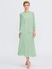 voordelige Met Jas-Strand Bruiloft Twee Delige Sheath Moeder van de Bruid Jurk Bruids Gast Elegante Plus Size Edelsteenhals Thee Lengte Chiffon Mouwloos Wrap Inbegrepen met Ceintuur  Riem Plooien Beading 2025