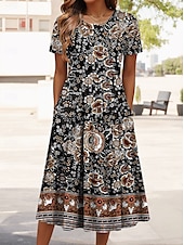 levne Boho šaty-Dámské mini šaty petite šaty T tričko šaty téčko šaty A tvar šaty letní šaty dovolená stylové každodenní pravidelně padnoucí grafika boho krátký rukáv crew neck hnědé léto