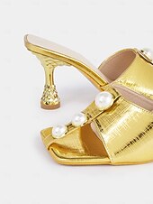 preiswerte Rutschsandalen-goldene Pantoletten mit offener Spitze und Perlendetails für Damen – elegantes Schuhwerk mit einzigartigen Verzierungen, ideal für Partys und Zusammenkünfte.