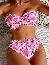 billiga Bikiniset-Dam Badkläder Bikini 2 st Kaxig Baddräkt Öppen rygg Smal Semester Standkläder Blommig Axelbandslös Ärmlös Baddräkter