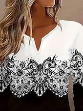 billige Boho t-skjorte-Dame T skjorte Grafisk Fargeblokk Fritid Langermet Hals med hakk Vanlige topper Daglig Trykt mønster Svart Vår Høst