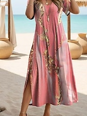 preiswerte Kunst &amp; Design Kleid-Damen Maxikleid Lässiges Kleid T-Shirt Kleid Tee Kleid Sommerkleid Bohemia Date Reguläre Passform Geometrisch Kurzarm Rundhals Magenta Teal Sommer