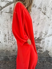 ieftine Rochii de Vacanță-Pentru femei Rochie Lunga Rochie Maxi Rochie casual Rochie Maxi Rochie de vară Stilat Casual Manșon de lanternă Vacanță Zilnic Dată Fit regulat Simplu Manșon Lung În V Roz Îmbujorat Roșu-aprins Kaki
