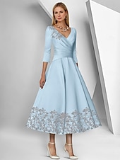 preiswerte Bodenlänge-A-Linie Kleid Strandhochzeit Brautmutterkleid Elegant Einfach V-Ausschnitt Knöchellänge Tee-Länge Satin 3/4-Länge Ärmel mit Spitze geraffte Pailletten Derby Kleid Renntag Kleid 2025