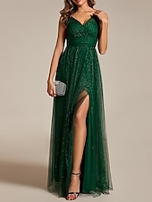 baratos Vestidos para Madrinhas-vestido de dama de honra em corte A, decote em V, sem mangas, elegante, longo, tule, com fenda frontal / franzido 2025