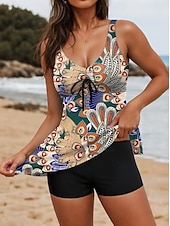 billiga Tankinis-Damernas badkläder tankini 2 del boyleg baddräkt utan rygg magkontroll hög midja slim semester strandkläder blommig grafisk u-hals ärmlös baddräkter