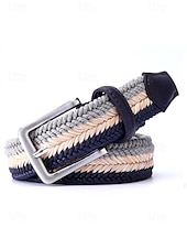 cheap Men&#039;s Belts-Men&#039;s Woven Braided Belt – Stylish and Durable Blue and Beige Design with Leather Accents, Adjustable and Comfortable for Casual or Formal Occasions