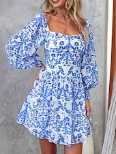 billiga Blommig klänning-Dam Mini klänning Korsettklänning A linjeklänning Milkmaid klänning Puffärmsklänning Semester Semester Dagligen Normal Grafisk Långärmad Fyrkantig hals Blå Sommar