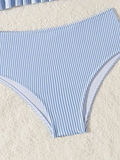 billige Bikinisett-Dame Badetøy Bikini 2 stk Underbukser Badedrakt Åpen rygg Tynn Høy midje Ferie Strand Klær Stripe Ermeløs Badedrakter
