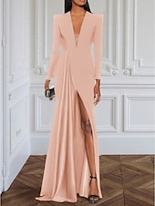 preiswerte SCHWARZ-A-Linie Abendkleid elegantes schwarzes Champagnerkleid Smokingkleid Plus-Size-Kleid formelles Sweep-/Pinselzug langes Kleid mit langen Ärmeln V-Ausschnitt dehnbares Stoff mit Falten Schlitz