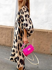 cheap Art&amp;Design Dress-Women&#039;s Midi Dress Shift Dress Summer Dress Puff Sleeve Dress Casual Vacation Daily Regular Fit Leopard Short Sleeve V Neck Leopard Summer