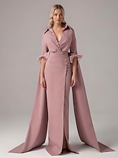 voordelige Vloerlengte-Zeemeermin  Trompet Moeder van de Bruid Jurk Bruiloft Gast Elegante Eenvoudige Minimalistische V-Hals Shirt Kraag Vloerlengte Satijnen Crepe Lange Mouwen met Knopen
