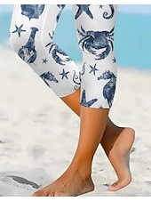 billiga Djurtryck-Damleggings capribyxor hög elastisk mode streetwear full längd hög midja havstryck termisk varm andas mjuk utomhus daglig mjölkvit höst vinter vanlig passform