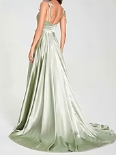 baratos Vestidos para Madrinhas-vestido de dama de honra linha A, alças finas, sem mangas, elegante, cauda curta, charmeuse, com frente aberta / franzido 2025