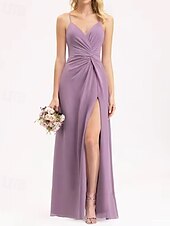 baratos Vestidos para Madrinhas-Vestido de Dama de Honra A-Line V Decote  Alças de Espaguete Sem Mangas Elegante Comprimento Longo Chiffon  Spandex  Shantung com Draping  Ruching  Bandagem