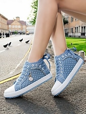 abordables Baskets femme-baskets montantes en toile à pois pour femmes – chaussures décontractées en denim à lacets avec charme floral, streetwear élégant pour un usage quotidien et en voyage