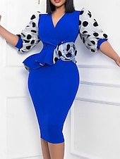 olcso Kentucky ruha-Kentucky Derby Női Midi Ruha Testhezálló Elegáns Formális Parti Esküvői Vendég Eljegyzés Normál Fazon Grafikai 3/4-es Ujjú V Nyak Fekete Sárga Piros Kék Nyár