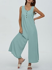 preiswerte lässige Overalls-Damen Normal Jumpsuit Aktiv Feste Farbe Ärmellos U-Ausschnitt Knopf Tasche Urlaub Täglich Regular Fit Schwarz Marineblau Blau Sommer