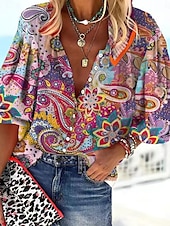 levne Boho topy-Dámské Košile Halenka Grafika Elegantní Denní stylové 3/4 délka rukávu Stojáček Běžné topy Denní Dovolená Jdeme ven Knoflíky Rubínově červená Trávová zelená Duhová Šedá Léto Jaro Podzim