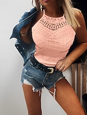 abordables Débardeurs et camisoles femme-Débardeur pour femmes en camisole noir blanc jaune couleur unie dentelle trou quotidien col halter coupe régulière S