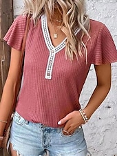 abordables T-shirt uni-Femme T shirt Plein Mode Moderne Décontractées Manche Courte Col V Hauts réguliers du quotidien Fin de semaine Patchwork Noir Blanche Rose Claire Eté Printemps