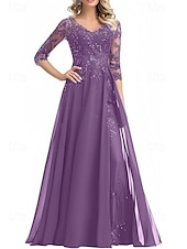 cheap Floor Length-A-Line Mother of the Bride Dress Wedding Guest Elegant V Neck Floor Length Chiffon 3/4 Length Sleeve with Beading Appliques