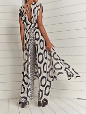 ieftine Costume de bluză de damă-Pentru femei Set de rochii Rochie casual Set fuste Casual Geometric Zdrobit Buzunar Rochie Maxi Fără manșon Guler de stand În aer liber Zilnic Negru Vară Primăvară Fit regulat