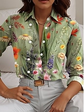 abordables Hauts Floraux-Femmes Chemise Fleuri Occasionnel manche longue Col de chemise Hauts Réguliers Travail Quotidien Boutons Imprimé Vert Printemps Automne Hiver