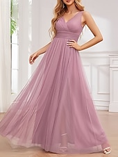 baratos Vestidos para Madrinhas-vestido de dama de honra em corte A, decote em V, sem mangas, elegante, longo, tule, com fenda frontal / franzido 2025