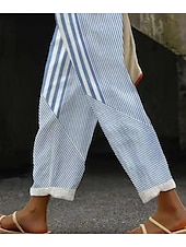 cheap Straight-Leg Pants-Women&#039;s Cotton Linen Pants Baggy Pants Linen Like Elegant Vintage Fashion Full Length High Waist Geometric Plaid Printing Breathable Soft Micro-elastic Outdoor Daily Transparent Blue Regular Fit